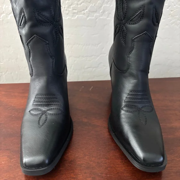 ISNOM Western Knee High Boots Embroidered Block Heel Black US 6.5 New with Box - Picture 6 of 15